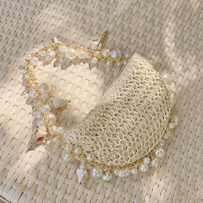 Pearl Charm Straw Bag