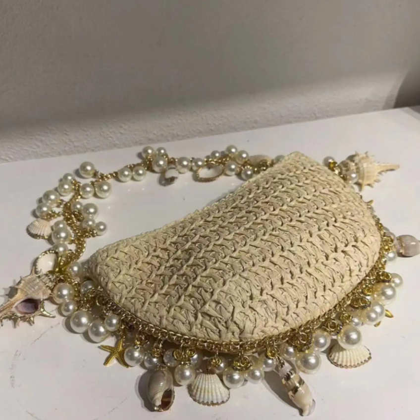 Pearl Charm Straw Bag