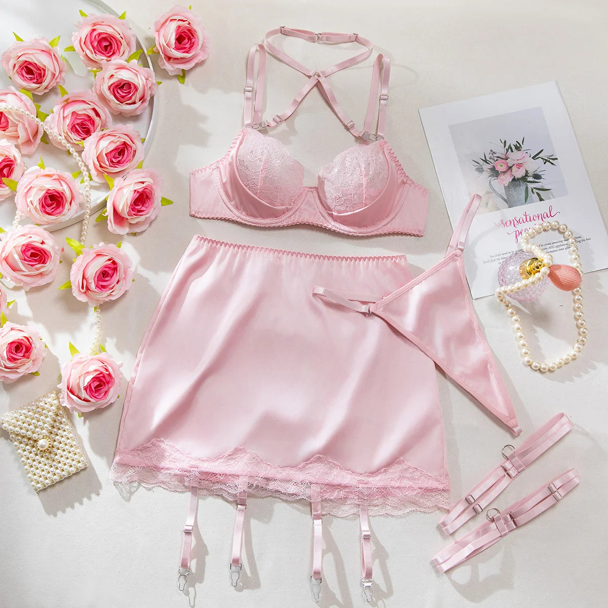 Angel Silk Satin Skirt & Lace Lingerie Set (3-Piece)