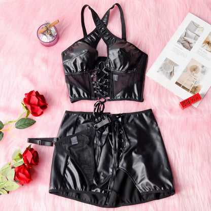 Fatale Cross-Neck Leather & Mesh Lingerie Set (2-Piece)