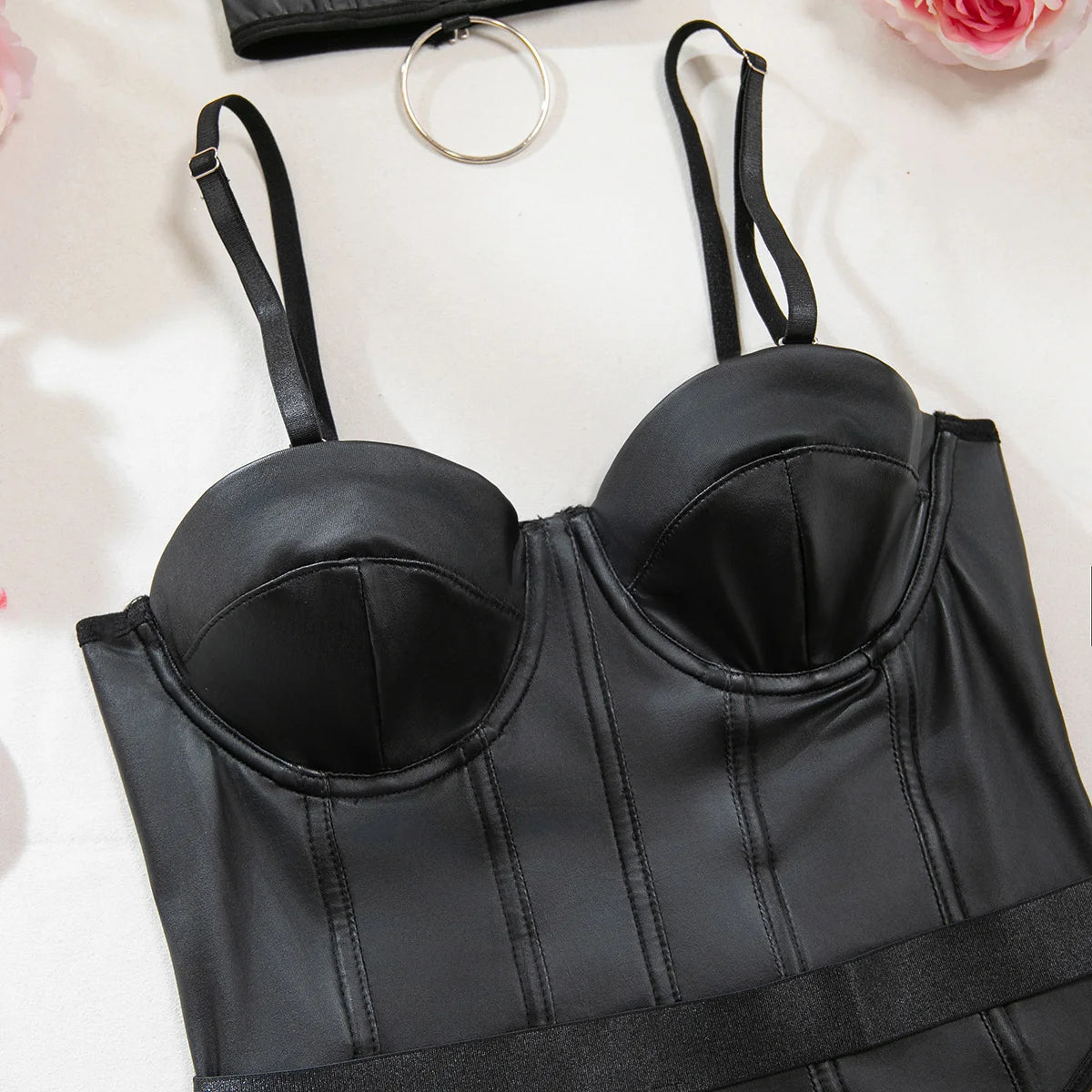 Fatale Sleek Leather Bodysuit with Statement Choker
