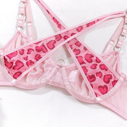 Pink Cyber Heart Lingerie Set with Gloves & Chains (4-Piece)
