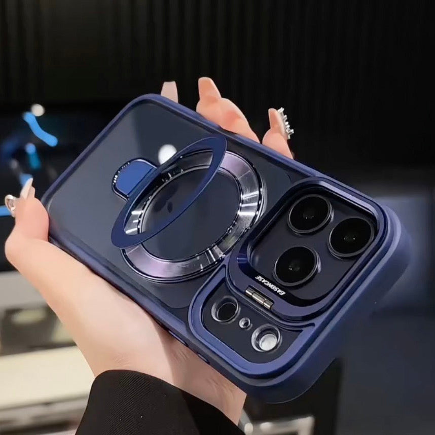Blue phone case with ring holder held by a person in a car.