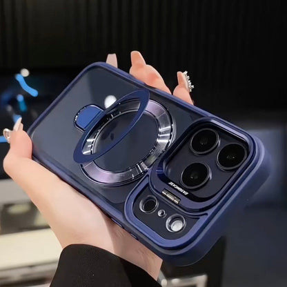 Blue phone case with ring holder held by a person in a car.